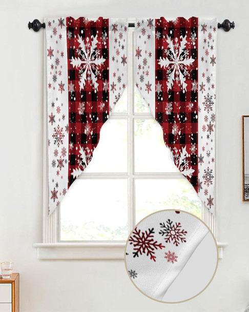 Christmas Curtains Swag Valance Snowflakes Red Black Buffalo Plaid White Rod Pocket Kitchen Curtains Winter Holiday Window Valances Swag Curtains for Christmas Decorations, 1 Pair, 28"W x 36"L