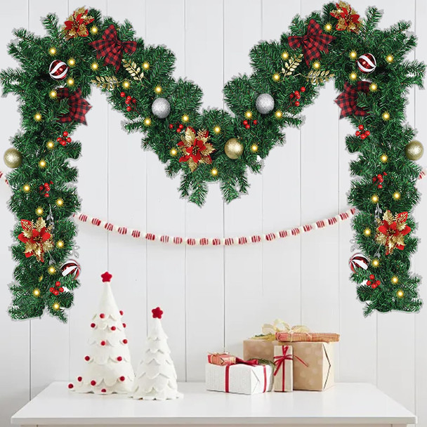 9FT Christmas Garland with Lights, Pre-Lit Garlands for Christmas Decoration with 60 LED Lights, Berries, Bows, Ball, Flower, Leaves, Battery Operated Indoor & Outdoor Christmas Decor