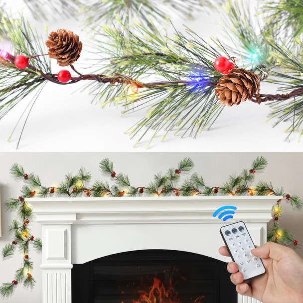 Christmas Smokey Pine Garland,7ft Natural Rustic Christmas Garland with Multicolor Lights and Remote Control, Ideal for Decorating Rooms, Fireplaces, Chandeliers, and Stairs...