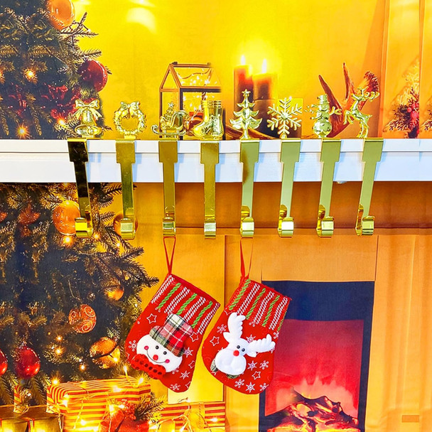Set of 8 Christmas Stocking Holders for Mantle - Snowflake, Reindeer, Tree, Snowman, Bells, Wreath, Sleigh Ride - Perfect for Mantel Decoration Gold