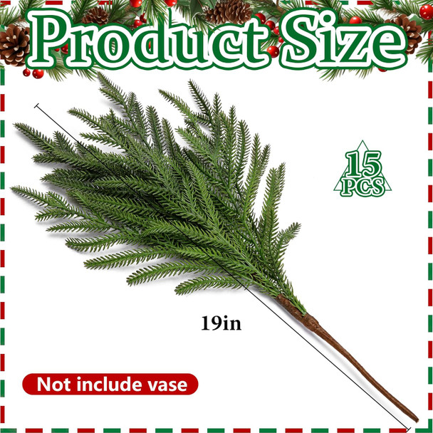 15 Pcs Christmas Norfolk Pine Branches- 19" Extra Length Fake Greenery Norfolk Pine Stems Sprigs- Artificial Xmas Branches Plants Pine Needles for DIY Craft Garland Home Garden Decor