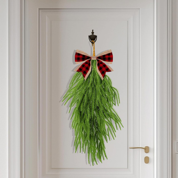 2 Pcs Artificial Christmas Teardrop Swag with Plaid Bow- 28" Faux Pine Needles Teardrop Door Swag- Christmas Norfolk Greenery Teardrop Wreath for Xmas Door Mantle Fireplace Indoor Outdoor Decor