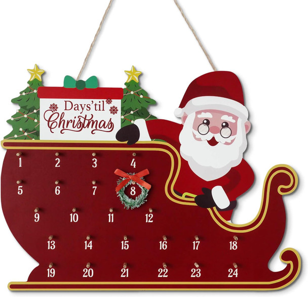 Putuo Decor Christmas Countdown Calendar Decor Farmhouse Christmas Wreath Christmas Calendar Countdown Vintage Advance Count Down To Christmas Sign Xmas Wooden Hanging Decor For Wall Holiday (Red)