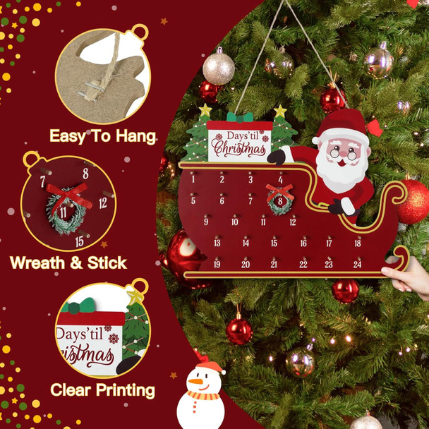 Putuo Decor Christmas Countdown Calendar Decor Farmhouse Christmas Wreath Christmas Calendar Countdown Vintage Advance Count Down To Christmas Sign Xmas Wooden Hanging Decor For Wall Holiday (Red)