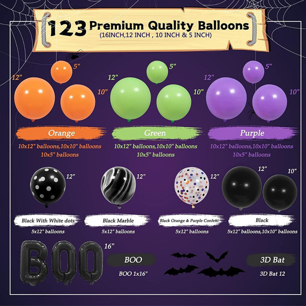 Halloween Party Decorations/Hocus Pocus Trunk Or Treat Car Decorations Halloween Balloon Garland 123pcs with BOO Balloon Purple Fruit Green Confetti Balloon for Bat Sticker