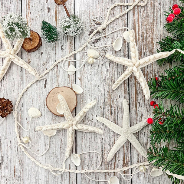 Starfish & Seashell Garland Beach Christmas Decorations 80" with 6PCS Handmade Crafts Starfish & Natural Sea Shells Ornaments, for Coastal Beach Christmas Decor, Home Interior Decor, Party Mermaid