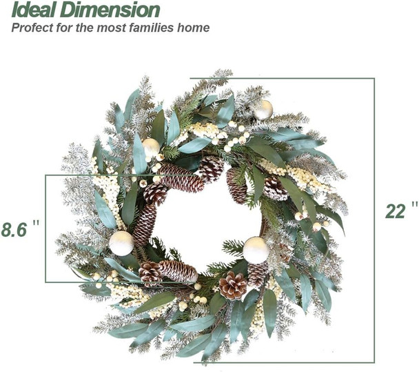 Qingbei Rina Pre-Lit Christmas Wreaths for Front Door,22 Inch Winter Door Wreath with Star Lights,Outdoor Christmas Wreath with Pinecones and Silver Balls, Xmas Windows Fireplace Farmhouse Home Decor
