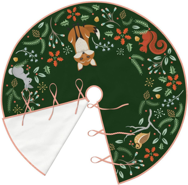 Woodland Wreath Holly Green Christmas Tree Skirt, Linen Xmas Tree Skirts Mat for Holiday Party Decorations Supplies Rustic Mini Tree Skirt - 36 Inches