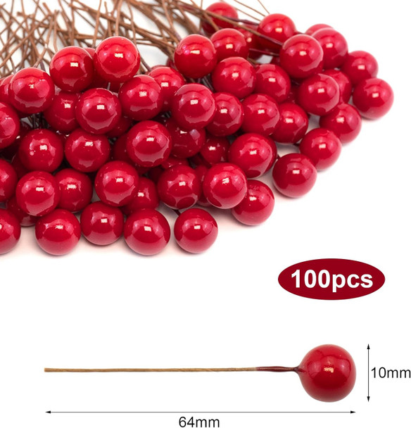 Quacc 100pcs Red Artificial Holly Berries Lovely 0.4" Fake Berries on Wire Realistic Berries for Christmas Tree Garland Flower Wreath Decorations Wreath DIY Craft Use