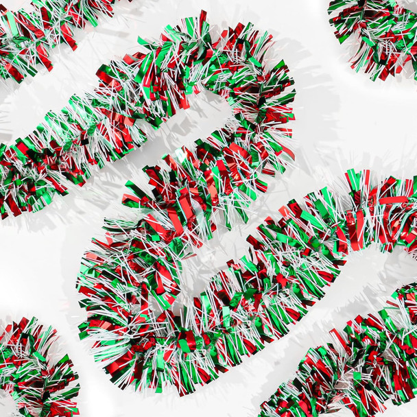 50FT Red Green White Christmas Tinsel Garland Metallic Twist Decoration for Xmas Tree, Year, Birthday Party, Holiday Decor, Indoor & Outdoor Supplies