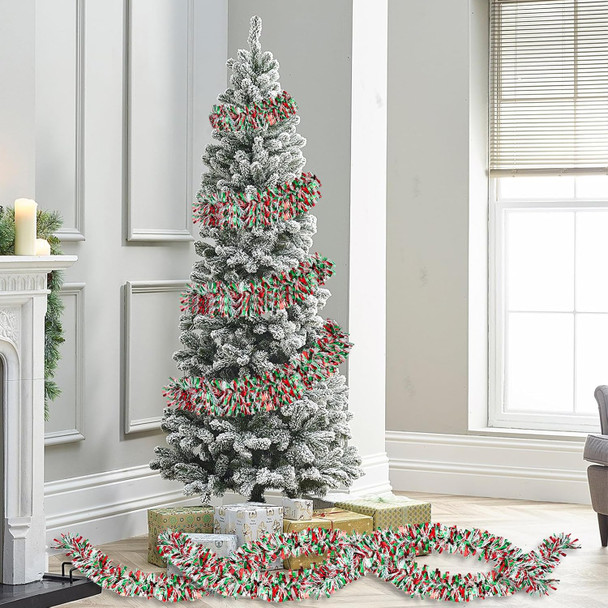 50FT Red Green White Christmas Tinsel Garland Metallic Twist Decoration for Xmas Tree, Year, Birthday Party, Holiday Decor, Indoor & Outdoor Supplies