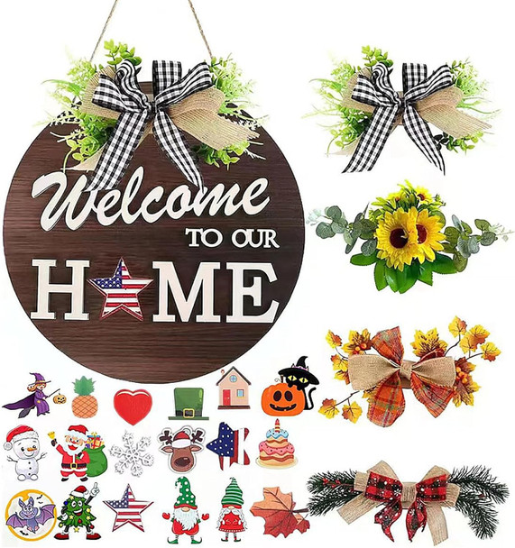 Interchangeable Welcome Front Door Sign Round Wood 4 Seasonal Wreaths 21 Changeable Icons Decoration Hanging Outdoor Farmhouse Porch for Easter Thanksgiving Halloween Christmas Independence Day