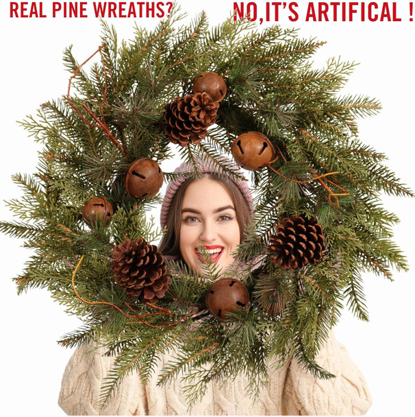 22-Inch Handcrafted Artificial Christmas Wreath with Pinecones, Rust Bell, and Lifelike Pine Branches Winter Holiday Wreath for Front Door and Home Décor, Indoor/Outdoor Seasonal Décor