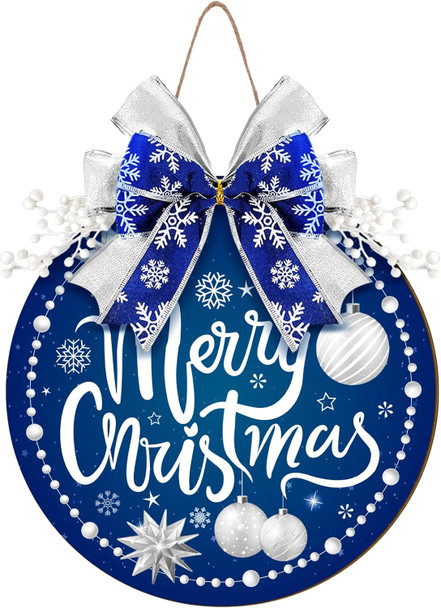 Qunclay Blue Christmas Decorations Round Snow Wooden Hanging Sign Christmas Wreath for Front Door Blue and Silver Wreath Sign with Bow Winter Christmas Wreath Sign for Door Wall Window Home Decor