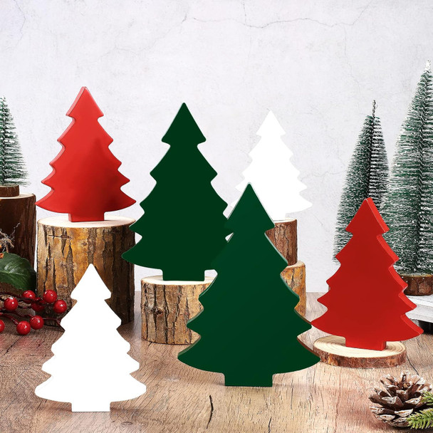 Qunclay 6 Pieces Wooden Christmas Trees Tabletop Decoration Rustic Wood Christmas Trees Tiered Tray Decoration Mini Christmas Tree Mini Wooden Block Signs Tabletop Decoration Ornaments (Tree Style)