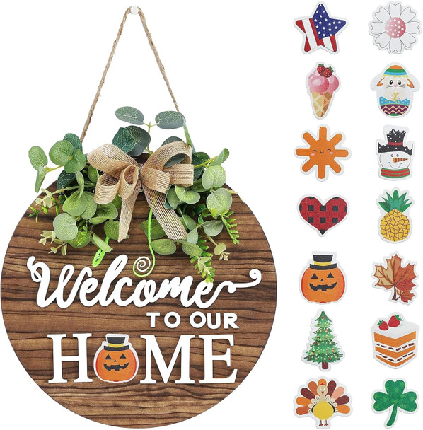 Interchangeable PVC Faux Wood Seasonal Welcome Sign, Rustic Round Wood Wreath Wall Hanging Outdoor for Housewarming , Seasons Holiday Fall Halloween Christmas Decoration.(Size: 12")
