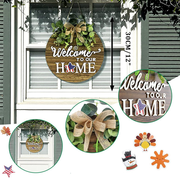 Interchangeable PVC Faux Wood Seasonal Welcome Sign, Rustic Round Wood Wreath Wall Hanging Outdoor for Housewarming , Seasons Holiday Fall Halloween Christmas Decoration.(Size: 12")