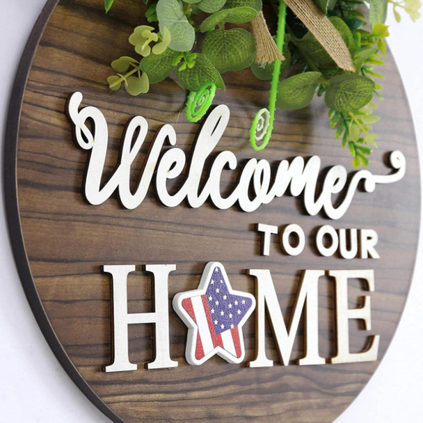 Interchangeable PVC Faux Wood Seasonal Welcome Sign, Rustic Round Wood Wreath Wall Hanging Outdoor for Housewarming , Seasons Holiday Fall Halloween Christmas Decoration.(Size: 12")