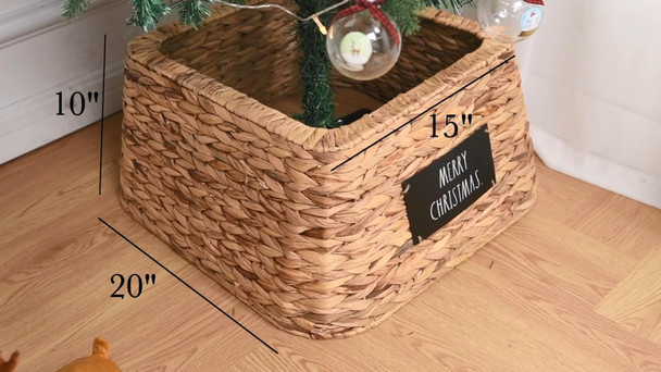 Rae Dunn Christmas Tree Collar - Base Decoration to Cover Artificial Christmas Tree Stand - Rustic & Farmhouse Holiday Decorations (Woven Square - Merry Christmas)