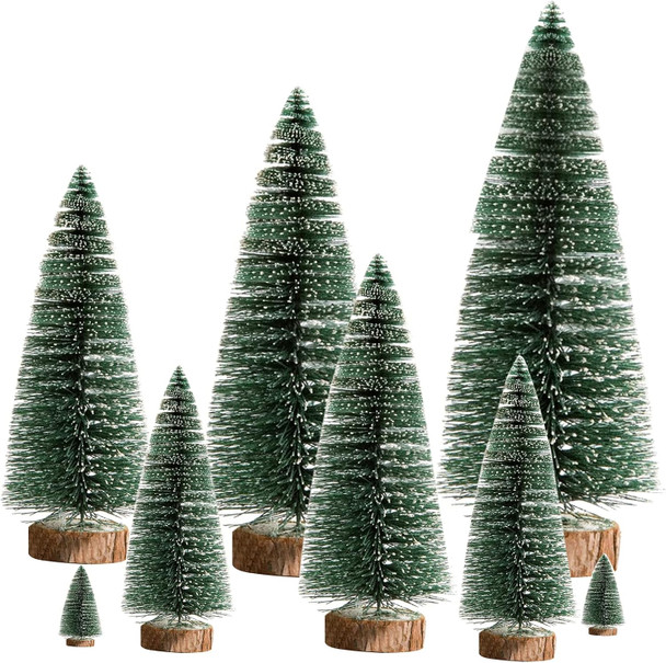 Rainmae 8Pack Tabletop Small Flocked Artificial Christmas Tree, Artificial Xmas Pine Tree, Mini Snow Covered Faux Tree with Wooden Bases for Xmas Holiday Party Home Handicraft Decor Desktop Ornaments