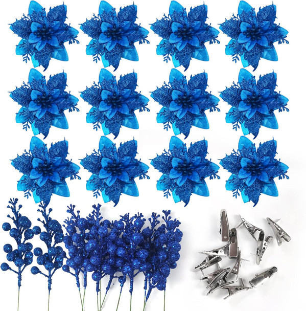 Rainmae 12pcs 5.5in Christmas Artificial Flowers and 12pcs Berry Stems, Royal Blue Glitter Poinsettia Flowers Decorations, Christmas Tree Ornaments for Xmas Wreath DIY Garland Ornaments Wedding Party