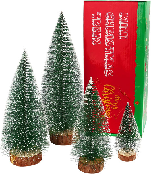 Bottle Brush Trees Christmas Decor, Small Mini Christmas Trees for Tabletop, Christmas Decorations for Indoor Kitchen Village Table Centerpieces, Mini Green Xmas Flocked Frosted Sisal Tree