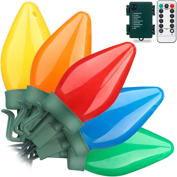 C7 Bulbs Christmas String Lights with Remote - 50 LED 26ft Battery String Lights - Fairy Christmas Lighting for Outdoor Yard Wreath House Party Xmas Tree Christmas Decorations - Multi Color