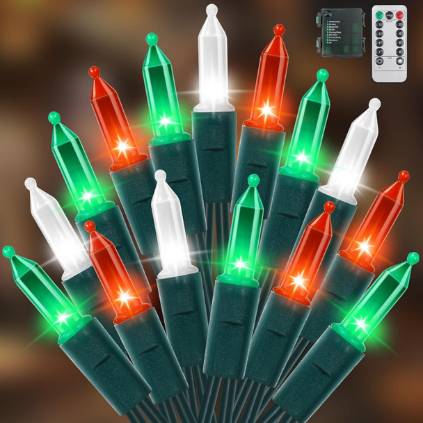100 LED Christmas String Lights with Remote - 33ft Mini Bulb Battery String Lights - Fairy Lighting Decor for Indoor Decor Greenery Wreath Lawn Bedroom Christmas Decorations - Red White Green