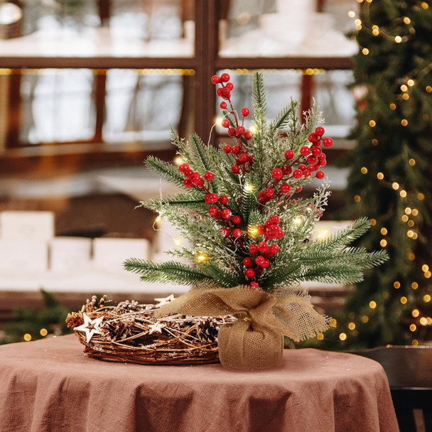 RECUTMS Tabletop Mini Christmas Tree Small Christmas Tree with Lights for Table Faux Miniature Xmas Trees with Red Berries Burlap Base Pine Branches Artificial Trees Indoor Home Decor s