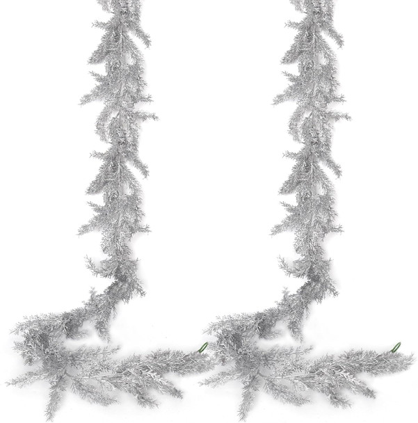 2Pcs Christmas Glitter Pine Garlands 5.9FT Artificial Hanging Silver Pine Needles Vines Fake Cedar Cypress Garland for Christmas Year Holiday Wedding Winter Home Wall Indoor Outdoor Decor(Silver)