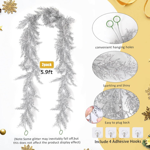 2Pcs Christmas Glitter Pine Garlands 5.9FT Artificial Hanging Silver Pine Needles Vines Fake Cedar Cypress Garland for Christmas Year Holiday Wedding Winter Home Wall Indoor Outdoor Decor(Silver)