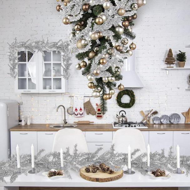 2Pcs Christmas Glitter Pine Garlands 5.9FT Artificial Hanging Silver Pine Needles Vines Fake Cedar Cypress Garland for Christmas Year Holiday Wedding Winter Home Wall Indoor Outdoor Decor(Silver)