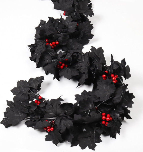 Black Maple Leaf Garland, Red Berry Garland, Black Berry Garland Fall Decor Artificial Fall Garland Halloween Black Garlands for Thanksgiving Home Fireplace Dinner Autumn Party Decoration(Red Berry)