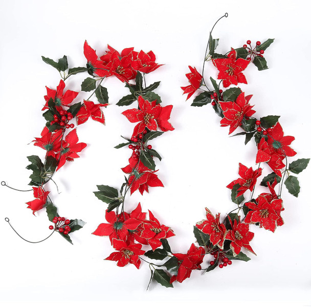 Christmas Garland, Poinsettia Christmas Flowers Decorations Garland, Artificial Flowers Garland with Red Berries Holly Leaves, Christmas Tree Decor Xmas Party Fireplace Wall Garden Decor, Pack of 2
