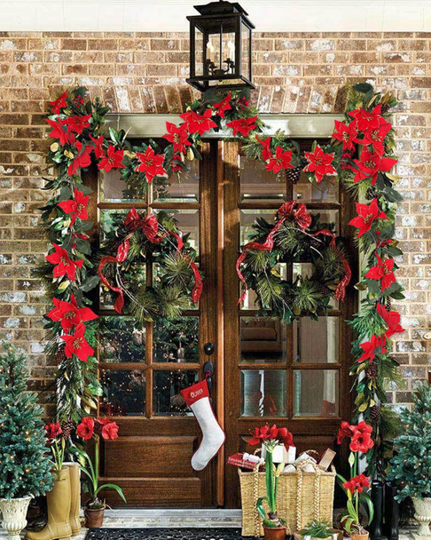 Christmas Garland, Poinsettia Christmas Flowers Decorations Garland, Artificial Flowers Garland with Red Berries Holly Leaves, Christmas Tree Decor Xmas Party Fireplace Wall Garden Decor, Pack of 2