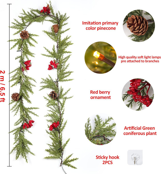 RECUTMS 6.5FT Christmas Garland with Lights Artificial Red Berry Garland and Pinecones Christmas Decorations Indoor Xmas Lighted Garland Fireplace Decor