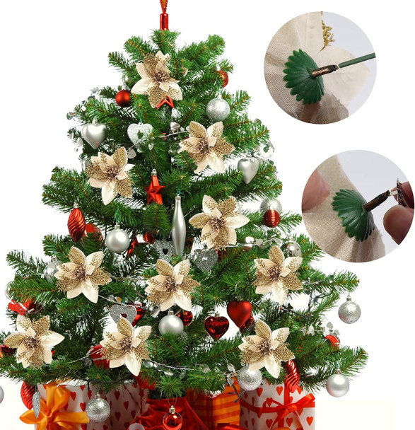 RECUTMS Christmas Tree Ornaments 10Pcs Glitter Poinsettia,Artificial Poinsettia Flowers Xmas Tree Ornaments 6" Wide for Xmas Tree Wreaths Garland Holiday Seasonal Wedding Decorations(Gold)