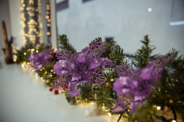 RECUTMS 10 Packs Christmas Glitter Poinsettia Flowers Artificial Christmas Flowers Decorations Wedding Xmas Tree Year Ornaments Xmas Garland Wreath DIY Decorations Supplies(Light Purple)