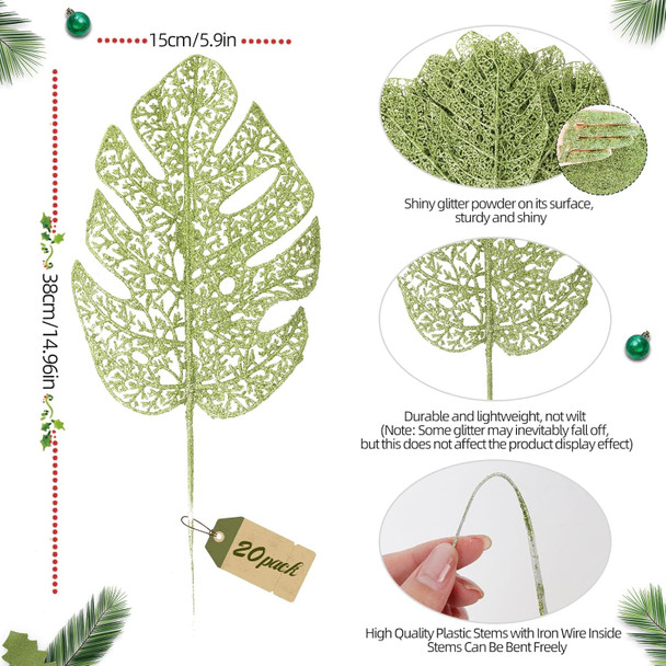 20Pcs Artificial Glitter Monstera Leaves Stems 14.96In Christmas Fake Palm Leaves Picks Faux Monstera Leaves Stems for Christmas Tree Garland Party Holiday Home Table Indoor Outdoor Decor(Green)