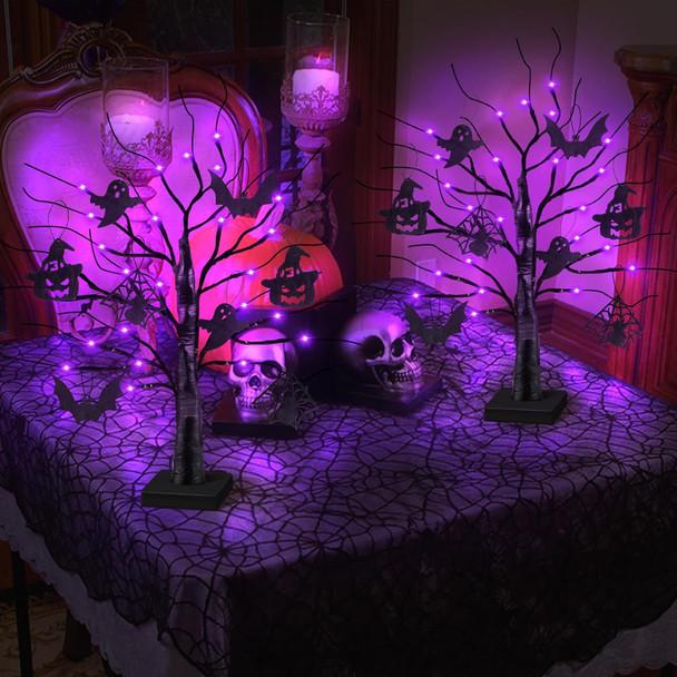 2 Pack 24 Inch Black Halloween Tree with 24 LED Purple Lights, Timer/USB/Battery Operated Halloween Table Decorations Lighted Tree, Cute Halloween Decorations Indoor Halloween Home Decor Party Room