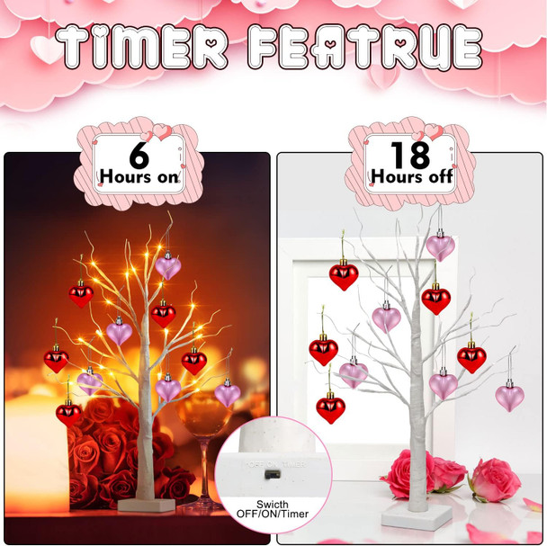 2Pcs Valentine 24'' Tabletop Birch Tree, Timing White Birch Tree with 24 LED Lights Battery Powered, Artificial Valentine Tree Set of 10 Heart Ornaments for Valentine's Day Table Decor Home Indoor