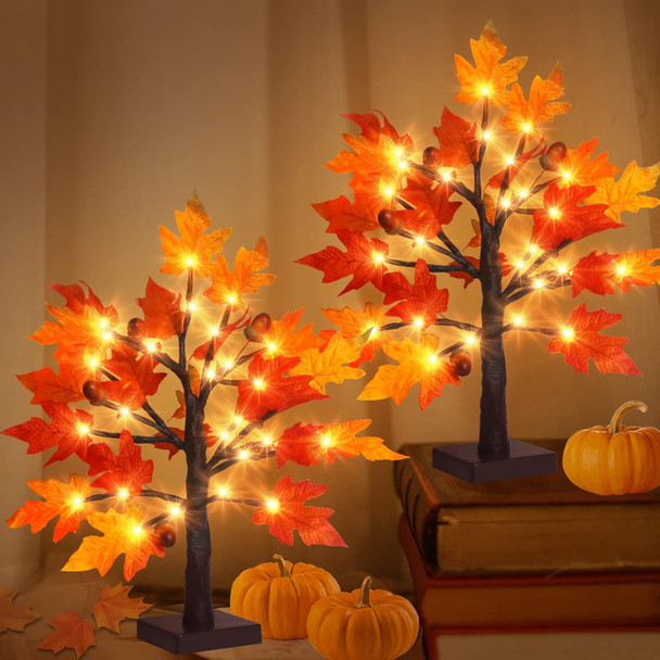 Remon 2Pack Artificial Fall Lighted Maple Tree - 1.5FT 36 LED Thanksgiving Decor Lights, Battery Operated Tabletop Lamp with 6 Acorns, 6-Hours Timer, for Wedding Party Indoor Outdoor Autumn Decor…