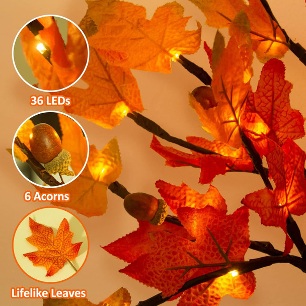 Remon 2Pack Artificial Fall Lighted Maple Tree - 1.5FT 36 LED Thanksgiving Decor Lights, Battery Operated Tabletop Lamp with 6 Acorns, 6-Hours Timer, for Wedding Party Indoor Outdoor Autumn Decor…