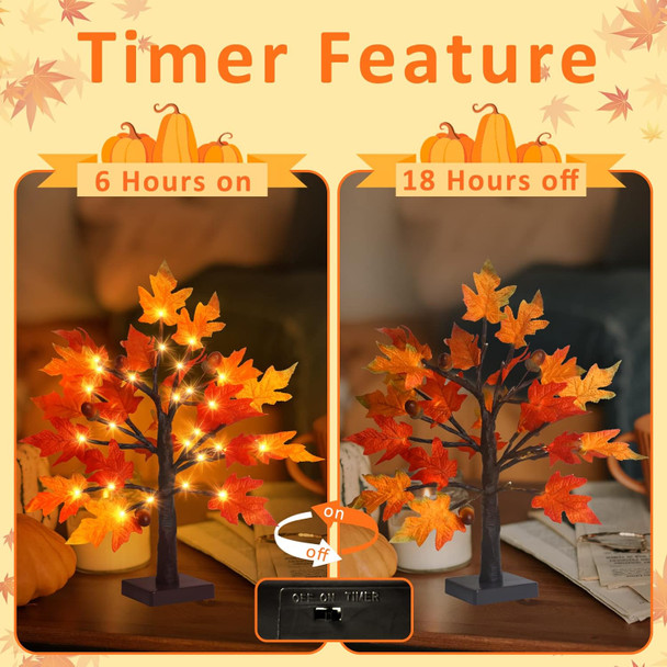 Remon 2Pack Artificial Fall Lighted Maple Tree - 1.5FT 36 LED Thanksgiving Decor Lights, Battery Operated Tabletop Lamp with 6 Acorns, 6-Hours Timer, for Wedding Party Indoor Outdoor Autumn Decor…