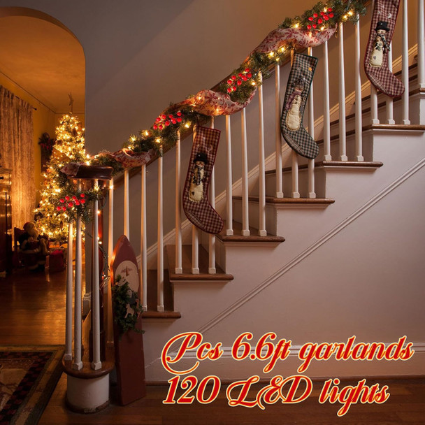 Retisee 4 Pcs 26.24 ft Christmas Garland with Lights Christmas Smokey Pine Garland with Remote Control, 120 LED Lights 8 Mode, Red Berry Garland for Indoor Outdoor Fireplace Mantel Stairs Decorations