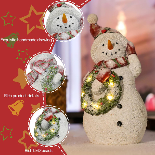 Christmas Snowman Decor Christmas Figurines Resin Snowman Lighted Decorations Indoor Glowing Wreath LED Holiday Light Up Snowman Snowman Xmas Decor for Home Kitchen Holiday Party