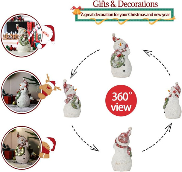 Christmas Snowman Decor Christmas Figurines Resin Snowman Lighted Decorations Indoor Glowing Wreath LED Holiday Light Up Snowman Snowman Xmas Decor for Home Kitchen Holiday Party