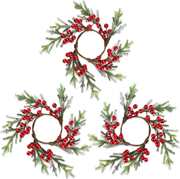 Rhytsing 3 Artificial Christmas Cedar Candle Rings with Red Berries for Pillar Candles, Christmas Wreath for Candlestick Holders, Table Centerpiece, and Dining Table, Inner Diameter: 3.5"