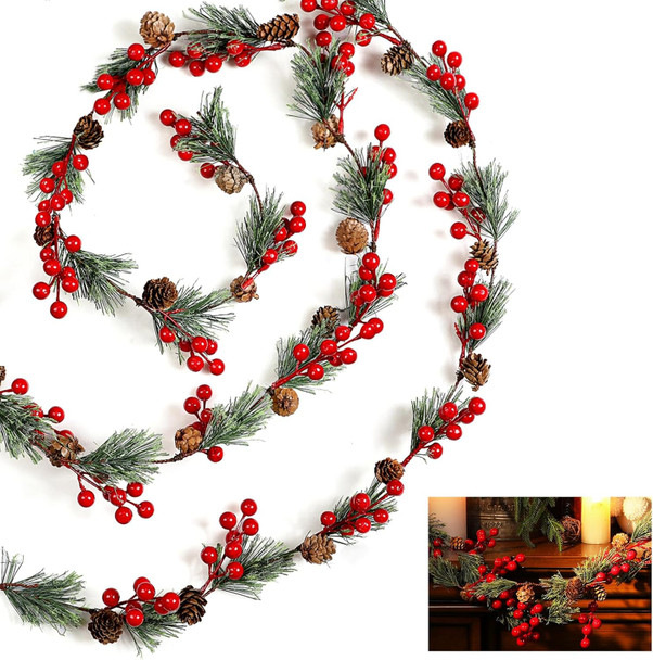 Riceshoot 2 Pcs Christmas Garlands Total 19.68 ft, Smokey Pine Garland with Red Berry Pine Cone, Christmas Greenery Garland for Xmas Home Indoor Party Outdoor Staircase Railing Banister