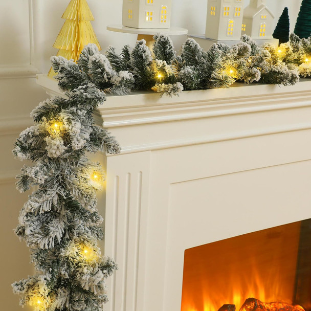 Riceshoot 9 ft Prelit Christmas Garland with Light Timer Artificial Snowy Pine Garland Winter Frosted Faux Pine Garland for Xmas Home Indoor Outdoor Mantel Staircase Seasonal Garland Decor